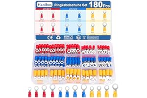 Hanibos Lot de 180 cosses à anneau 0,5-6,0 mm² M4/M5/M6/M8 partiellement isolées 12 tailles pour garages, pièces automobiles, mécaniciens, ateliers