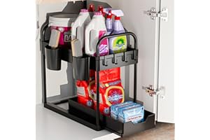 GEMWON Organizador Cocina 2 Niveles, Deslizable bajo Fregadero, Extraíble Estante Almacenamiento con 4 Ganchos y 2 Cesta Colgante para Cajones, Cocina, Baño Negro-1 Paquete