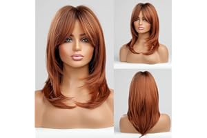 ‎EMMOR EMMOR Auburn Wigs for Women, Long Layered Orange Wigs with Bangs, Heat Resistant Synthetic Fibre Wigs, Natural Looking Daily Wigs