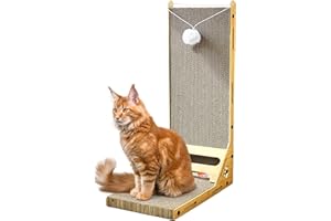 EUKEN Rascador para Gatos en Forma de L, 62 centimetros, Gatos Grandes y pequeños, Juguete de Bola Interior y Borla para Jugar, Madera y cartón Corrugado de Calidad para Uso Interior