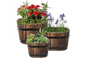 Hlimior 3 Pcs Wooden Whiskey Barrel Planters, Wooden Flower Planters Pots Boxes with Metal Handles 3 Sizes Planting Wood Buckets Tree Pot for Indoor Outdoor Garden Home Plants