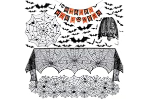 AMZMUKAUP Halloween Dekorationssets, Runde Tischdecke aus Halloween Spitze 3D Fledermaus Wandaufkleber Tischläufer Zubehör für Halloween Party Halloween Tischdeko Halloween Küchendeko