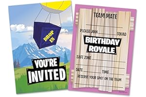 PARTIKRAFT 12 x Fort Building Battle Style Birthday Royale Party Invitations & Blue Envelopes - Gamer/Gaming/Computer Game (Invitations & Envelopes)