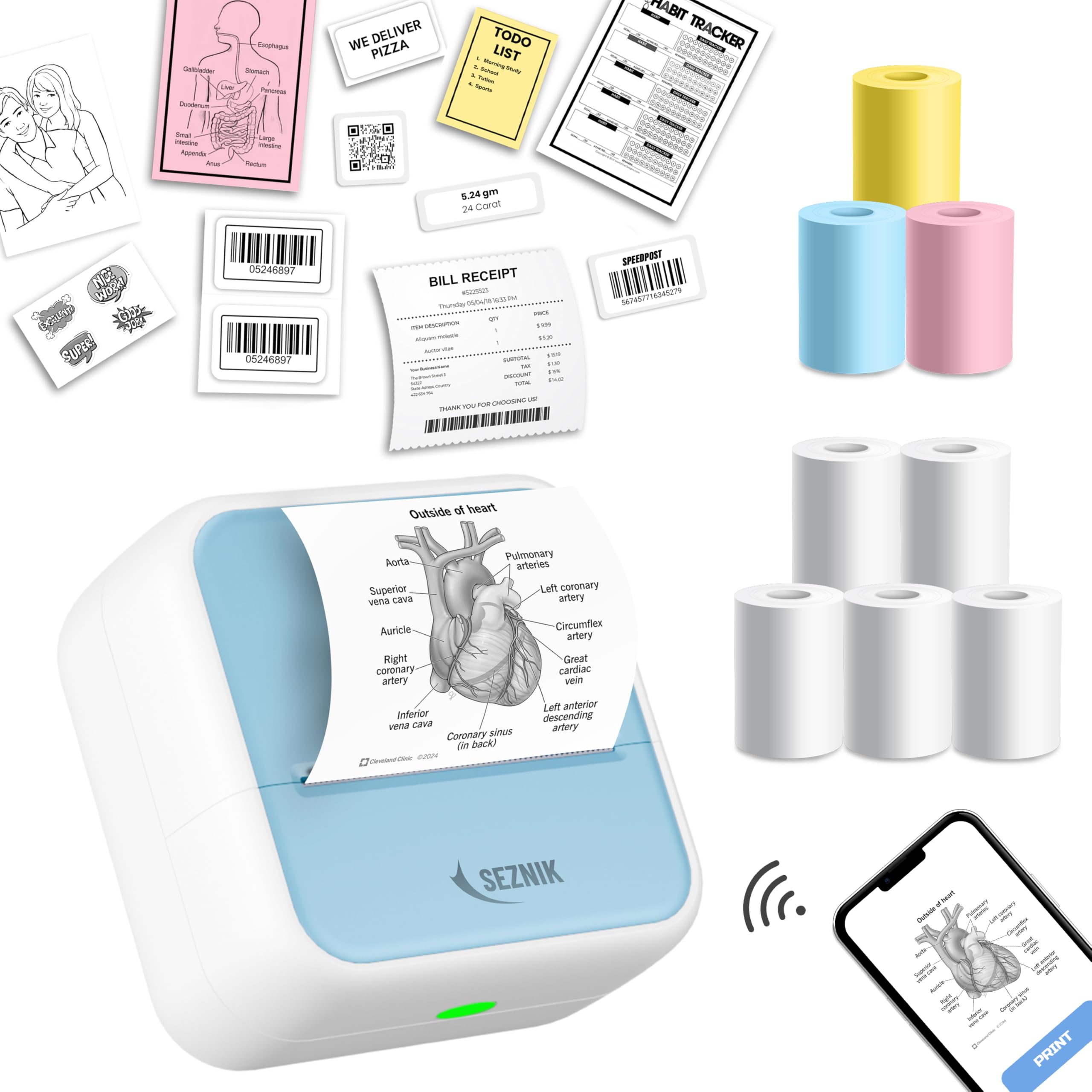 SEZNIK Mini Wireless Monochrome Inkless Printer Review: Portable Bluetooth Pocket Printer for Android & iOS (Minix-Blue)