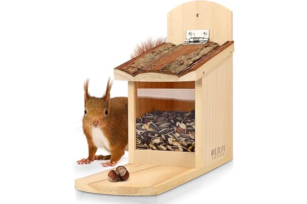 WILDLIFE FRIEND I Mangeoire Écureuil Exterieur en Bois avec Toit en Écorce - Distrubuteur de Nourriture Écureuils - Maison Ecureuil