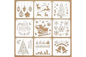 ROWJOW 9pcs Christmas Stencils Templates for Crafts Reusable - Card Making Wood Wall Furniture Painting Kids Christmas Arts Crafts Decoration, Christ-mas-Gifts for Kids, 15*15cm