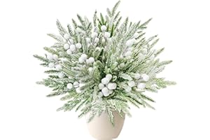 Yueshop 20PCS Christmas Artificial Snowy Norfolk Pine Branches with 10PCS White Frosted Berry Stems, Fake Pine Picks White Holly Berry Stems for DIY Xmas Garland Wreath Home Decor