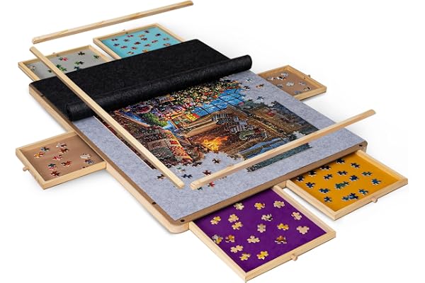 LAVIEVERT Planche de Puzzle Portable en Bois avec 2 Tapis de Puzzle, 6 tiroirs de Couleur, Barres de Protection Amovibles, Cadre Amovible et Surface Lisse pour jusqu'à 1 500 pièces