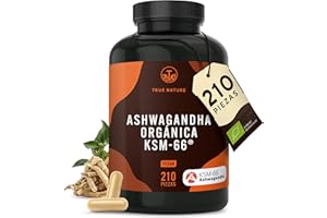 KSM-66 Ashwagandha ecológica – 210 cápsulas (Formato ahorro) – Alta potencia 600 mg – Withania somnifera (Ginseng indio auténtico) – Vegano – TRUE NATURE