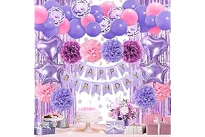 ZERODECO Pink Purple Birthday Party Decorations for Women Girls, Happy Birthday Banner Pompoms Balloon Arch Fringe Curtain Party Décor for Baby Girls Women Purple Pink Birthday Party