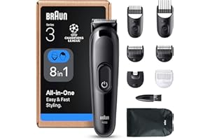 Braun 8-in-1 All-in-One Beard Trimmer & Hair Clipper for Men, Series 3 Grooming Kit with Ultra Sharp Blade, 14 Length Settings (3–21mm), 50-Min Cordless Use, Washable Heads, AIO3545, Black
