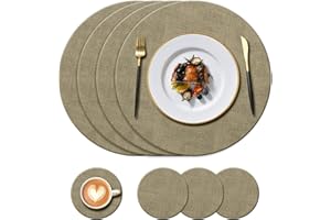 KERYCHIN Round Leather Placemats(34cm) and Round Coasters(10cm), Washable Heat Resistant 212 °F, Non-Slip and Waterproof, Decorative Accessories for Restaurant, Kitchen, Hotel, 8 Pieces, (Linen)