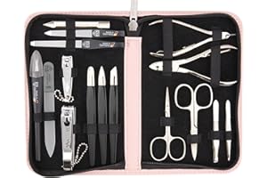DREI SCHWERTER - 16-częściowy zestaw do manicure i pedicure 'Cinisello' | Wysokiej jakości etui na paznokcie ze sztucznej skóry do pielęgnacji dłoni i stóp. Kolor: różowy | Zawartość: nożyczki do
