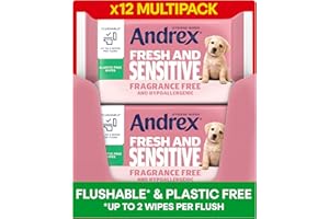 Andrex Fresh and Sensitive Hygiene Wipes, 12 Pack; Flushable Moist Toilet Tissue, Hypoallergenic and Fragrance Free Wet Wipes for Sensitive Skin (Pack of 12), FSC Certified