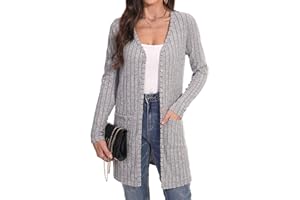 Aottori Gilet Long Femme Manche Longue Tricoté Léger Devant Ouvert Cardigan Elegant Décontracté Printemps Automne avec Poches