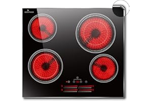 DELITEER Ceramic Hob 4 Zones, Electric Hob with Metal Frame, Built-in Glass Ceramic Hob, 60CM, 6600W, Independent Heating Zone Slider Touch Control with Dual Zone, Safety Lock, Timer