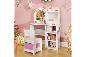 RELAX4LIFE 2 in 1 Toeletta Trucco per Bambina con Luci LED, Tavolo e Sedia in Legno con Specchio, Vanity con Cassetti, Scomparti Aperti, Postazione Trucco per Bambini 3+ Anni (Bianco)