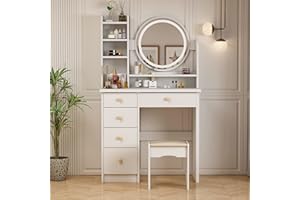 PREMTURE Schminktisch mit LED- Beleuchtung und 5 Schubladen, Frisiertisch mit Spiegel, Kosmetiktisch, Eckschminktisch mit Hocker, Schminktische, weiß, Schlafzimmer 80 B x 40 T x 135H cm