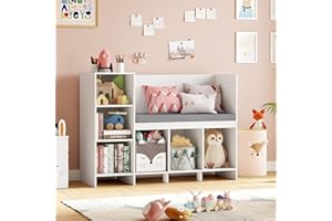 HOCSOK 110 cm Libreria Panca, Scaffale Portagiochi bambini, libreria con cuscini, Scaffale per Cameretta, 80.5×40×110cm, Bianco