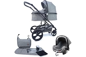 Pixini Kalani Kinderwagen 3 in 1 Komplettset inkl. Babywanne & Buggy & Auto-Babyschale + Wickeltasche/Regenplane/Getränkehalter/Mückennetz in grau
