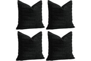 Sungeek Set of 4 Soft Corduroy Decorative Cushion Covers 45x45cm Square Striped Throw Pillow Covers 18x18 Inch for Sofa Couch Living Room Patio Farmhouse Boho Home Decor Pillowcases (Black)
