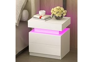 Rechebon Hochglanz-Nachttisch, 2-Schubladen-Nachttisch mit 16 Farben Lichtleiste, Schlafzimmer-Nachttisch weiß