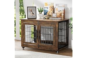 GIKPAL Hundebox für Zuhause mit Kissen, Hundehütte Hundehaus für Drinnen mit Doppeltüren und Rädern, Moderne Hundehaus für Klein, Mittlere Hunde bis zu 45 lb, 83x56x64cm, Rustikales Braun