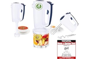 Emerio HMS-113257.2 zestaw mikserów ręcznych z rewolucyjną kontrolą prędkości 1 palca, rozdrabniacz 3 w 1, dziecinnie prosta obsługa, moc 300 W, bez BPA, miękki uchwyt, łatwy do czyszczenia