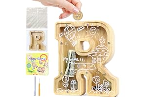 Mikytoper Money Box for Kids, Wooden Letter Piggy Banks for Kids, Personalized Money Box Clear Money Bank, Boys Girls Toddler Birthday Festival Gift (R)