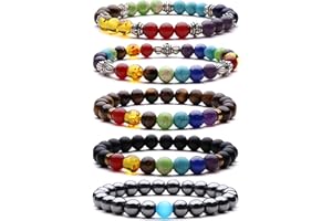 J.FÉE J. Fée – Pack de 5 pulseras de chakras para sanación con reiki, de cuentas de cristal, para hombre y mujer, elástica
