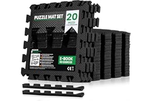 unycos - Tappeto da Fitness a Puzzle【20 Tappetini】Tatami Antiscivolo, Pavimento Protettivo Incastro Palestra in Schiuma EVA, Materassino per Home Gym | Include E-Book, 30x30x1 cm (Nero)