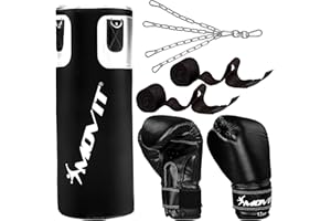 MOVIT Set de Sac de Boxe 25 kg, rempli, y Compris Sac de Boxe (Hauteur 80cm x diamètre 30cm), Gants de Boxe 12 oz, Bandages de Boxe, pour Adultes, Boxing Boxing, Noir ou Blanc