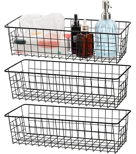 TAICHEUT 4 PCS 28x22x12cm Wire Storage Baskets, Black Metal Baskets, Multifunctional Iron Art Storage Wire Pantry Basket for Kitchen, Bathroom, Bedroom, Living Room, Cabinet