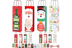 UBJUBT 12 Pieces Christmas Bottle Bags, 12 x 9 x 36 cm Wine Gift Bag With 12 Decoration Hanging Tags / 1 Bundle of Rope, Christmas Bottle Gift Bags 4 Designs, for Wine, Champagne, Whiskey
