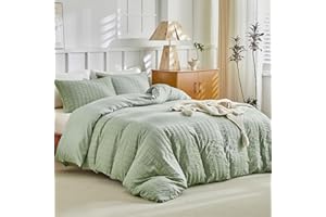 Tokokimo King Size Duvet Cover Sets - Seersucker Bedding Set Sage Green, Textured Bedding Set Kingsize with 2 Pillowcases Puckering Duvet Sets Soft Microfiber, Green/Seersucker