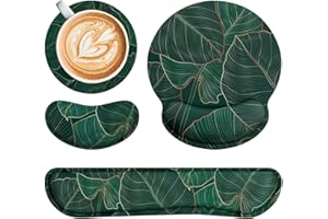 NADIAEN 3-in-1 Mouse Mat Set Wrist Support Keyboard and Mouse Mat with Memory Foam Ergonomics Mouse Pad Mouse Wrist Rest with Non-slip Base for Home Office Computer, Laptop (Green Palm Leaf)