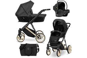 Kunert® IVENTO 3 in 1 Kinderwagen Kombikinderwagen komplettset I incl. Babywanne & Buggy Sportsitz & Auto-Babyschale mit Wickeltasche/Regenschutz +Fußsack I IVE 07 BLACK PEARL/GOLD FRAME