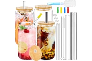 CHIKIXSON Zestaw 4 szklanek z pokrywką i słomką, 500 ml / 16 oz, szklanki do kawy mrożonej, szklanki do koktajli, szklanki do piwa w puszkach, szklanki do lemoniady do latte macchiato whisky