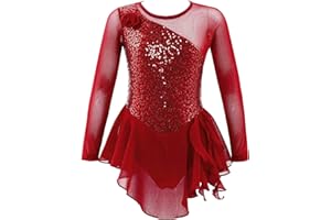 IEFIEL Vestido Lentejuelas de Danza para Niña Maillot Patinaje Artístico de Manga Larga Leotardo de Ballet Gimnasia Vestido de Bailarina 4-16 Años