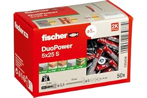 fischer DuoPower 5 x 25 S, powerful universal plug with safety screw, intelligent 2-component technology for fastenings in concrete, bricks, stone, gypsum plasterboard, etc., 50 plugs & 50 screws
