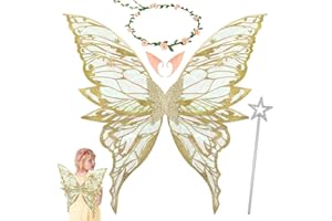 Orifinter Feenflügel Erwachsene, Schmetterlingsflügel Feen Kostüm Damen, Faschingskostüme Damen, Elfenflügel mit Feenstab für Karneval Halloween Kostüm Geburtstag Cosplay Comic Con Themed Party (Gold)
