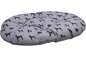 Rosewood Matelas Ovale pour Chien Toutes Saisons - Taille S - 55 cm - Réversible - Imprimé Chien et Effet Lin Gris - Confortable et Lavable - Design Double Face pour Une Utilisation Toute l'année