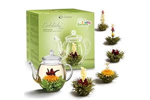 ‎CREANO Creano Teeblumen Geschenkset Erblühtee mit Glaskanne - Grüner Tee fruchtig aromatisiert (Teerosen in 6 Sorten), Blooming Tea, Tee Geschenk zu Weihnachten für Frauen, Teeliebhaber