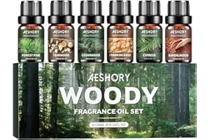 Aeshory 6 x 10ml Drzewny Zestaw Olejków Eterycznych Do Dyfuzorów, Aromaterapii, Nawilżaczy Powietrza I Wyrobu Świec – Drzewo Sandałowe, Cedrowe, Cyprysowe, Kadzidłowe, Tekowe, Sosnowe