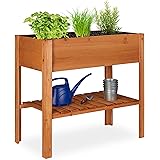 Relaxdays Hochbeet, Tannenholz, Ablagefach, 4 Beine, Pflanzkasten, Blumen, Kräuter, HBT: 80 x 88 x 43,5 cm, rotbraun