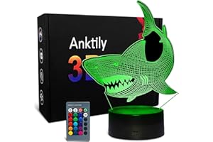 ANKTILY Luz Nocturna de Tiburón para Niños, Lámpara de Ilusión óptica 3D, Lámpara de Noche 16 Colores de Control Remoto, Regalos de Cumpleaños para Niños y Adultos