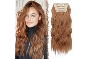 FESHFEN Extension per capelli con clip, 4 pezzi, castano ramato, spessi, con mèches, lunghi e ondulati, capelli sintetici a testa intera da donna, 50,8 cm