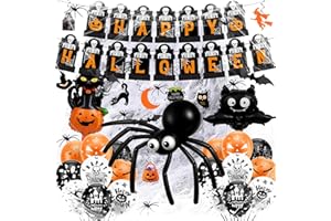ILMFMY Halloween Deko Set Innen & Außen – Party Set mit Spinnennetz, Spinnen, 3D-Fledermäusen, 18 Ballons, Kürbis Folienballon & Girlande, Halloween Dekoration für Haus, Garten & Party