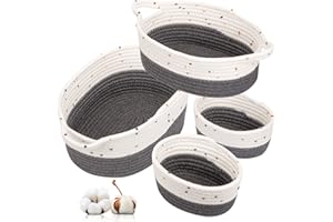 Owelth Lot de 4 Panier Rangement en Corde Coton Tissé, Panier Rangement Bébé avec Poignée, Empilables Corbeille Rangement Caisse Organisateur pour Salle de Bain, Jouets, Maquillage