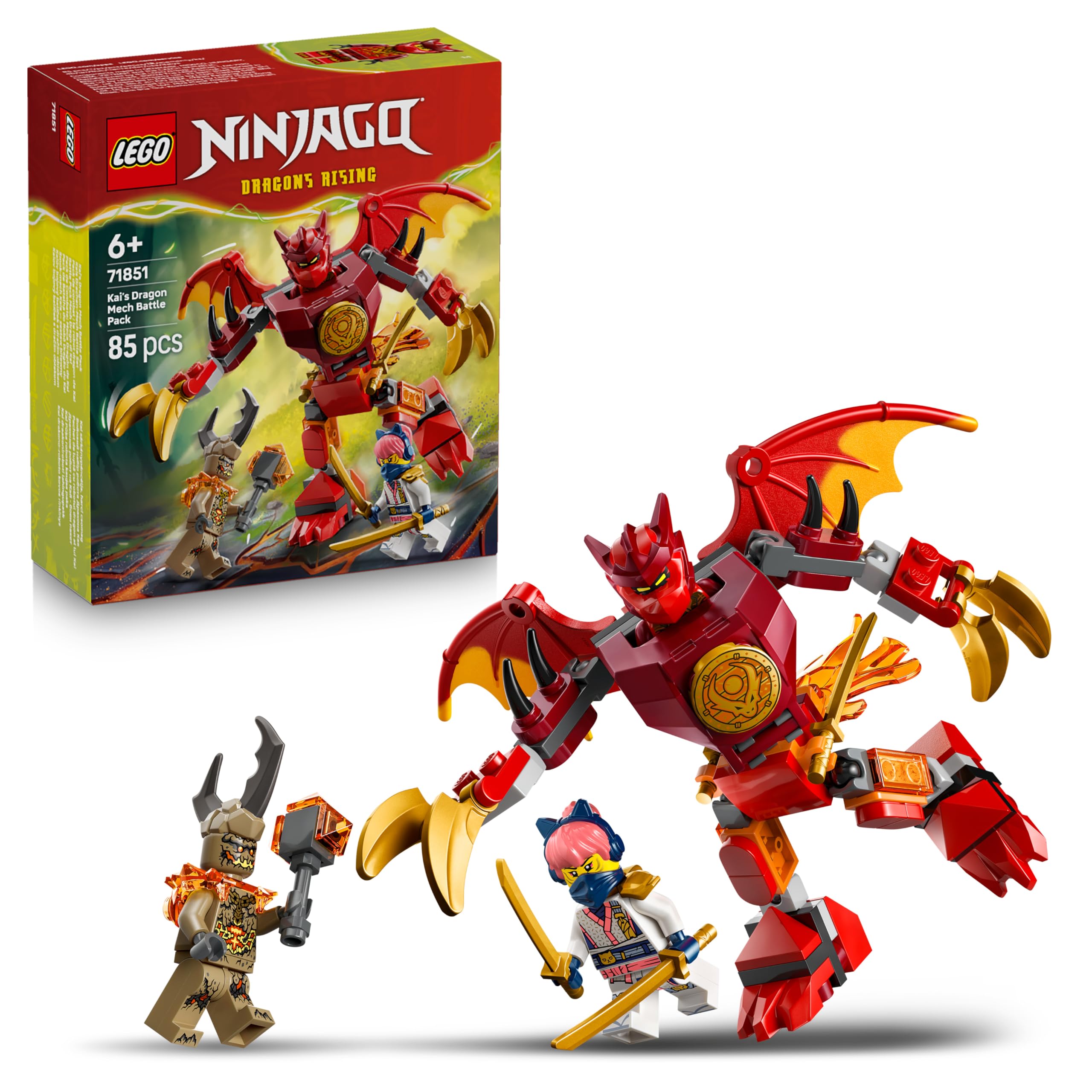 LEGO Ninjago Kais Dragon Mech Battle Set - Ninja Toy for Boys and Girls - Model Building with Action Figure, 3 Mini Figures and Katanas - Gift for Children from 6 Years - 71851 - 1